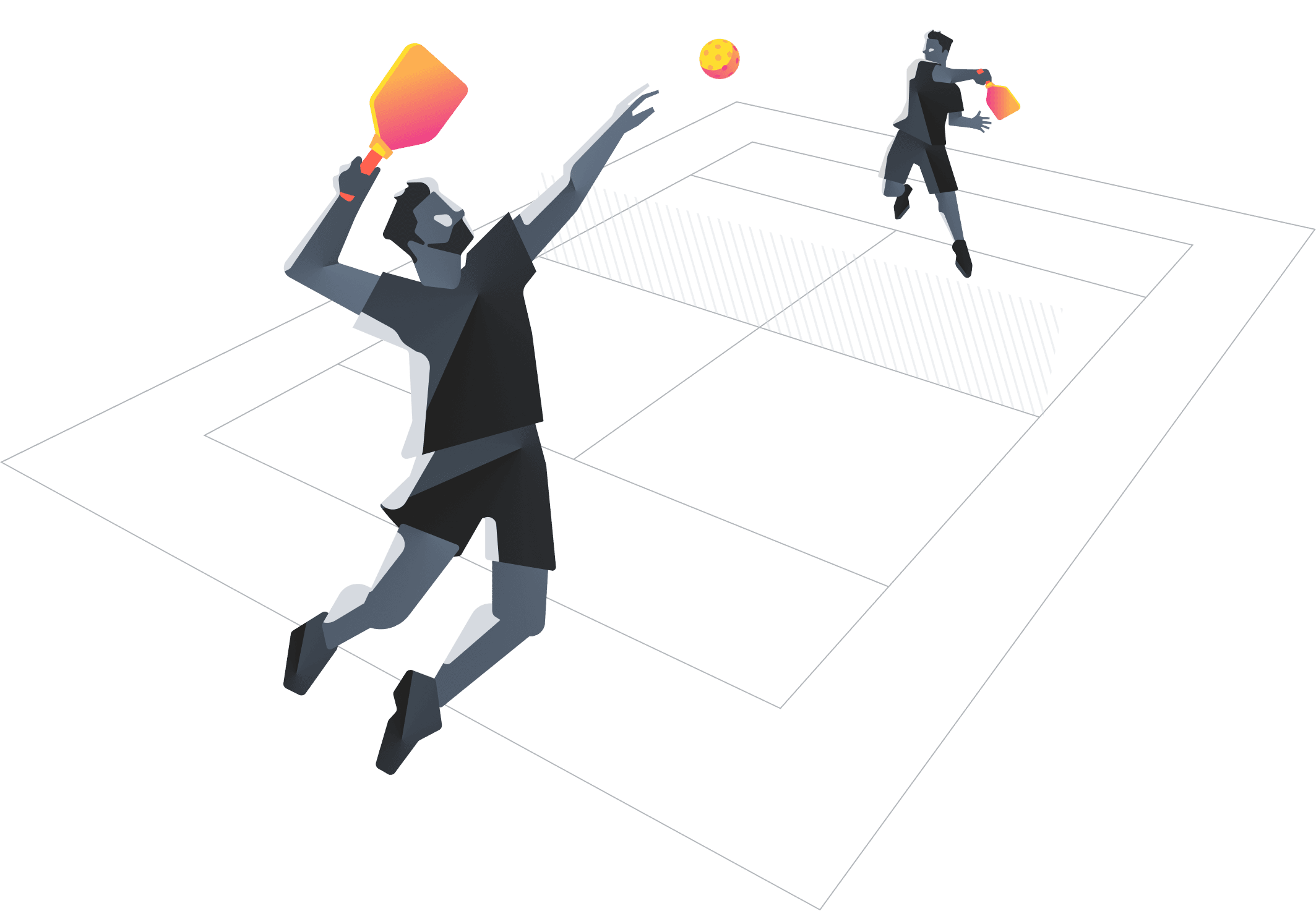 Two players in action on a court — one leaping to volley, the other returning